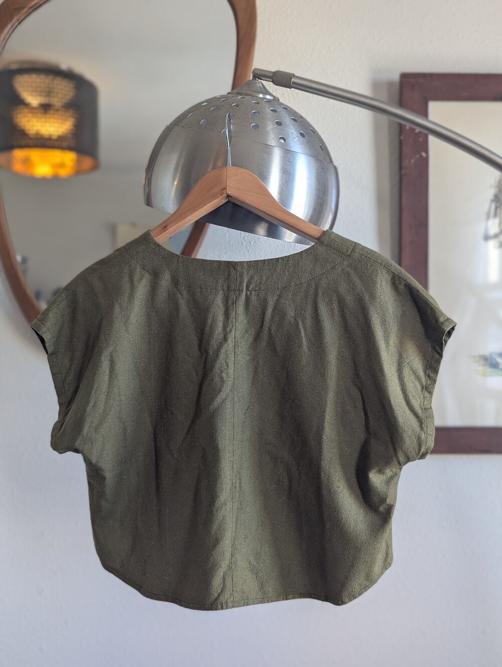 Handmade silk noil olive cropped vest-style top - Picture 2 of 4